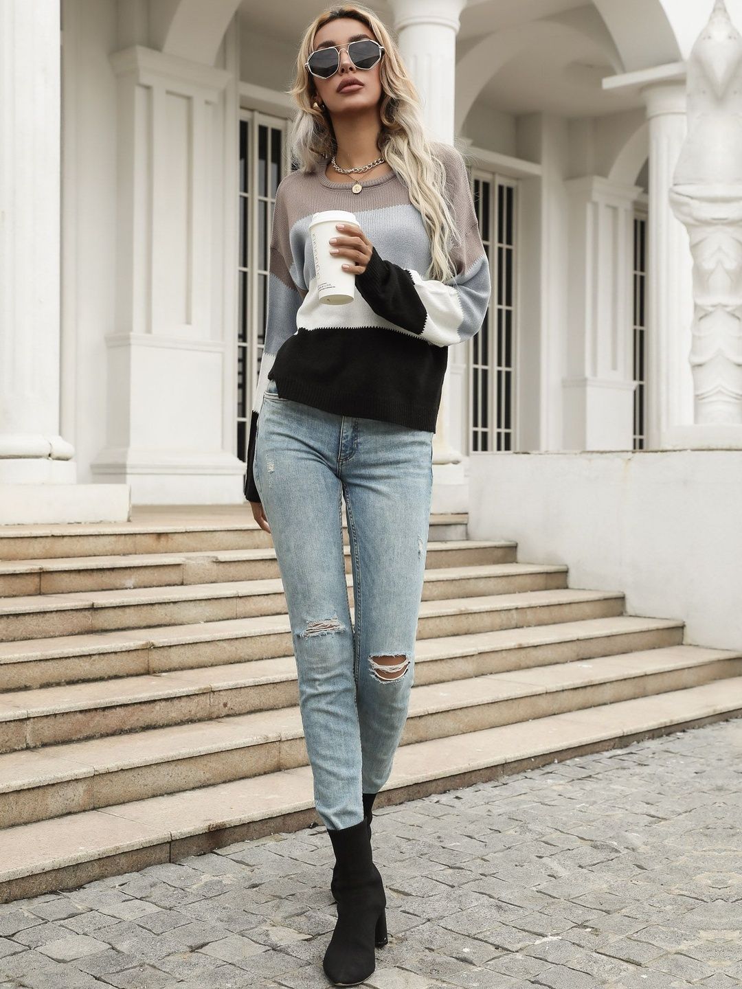 Women's Grey Colourblocked Pullover Blend Printed