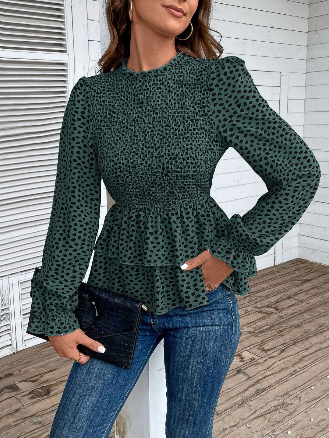 Women's Green Stylish Smocked Peplum Top