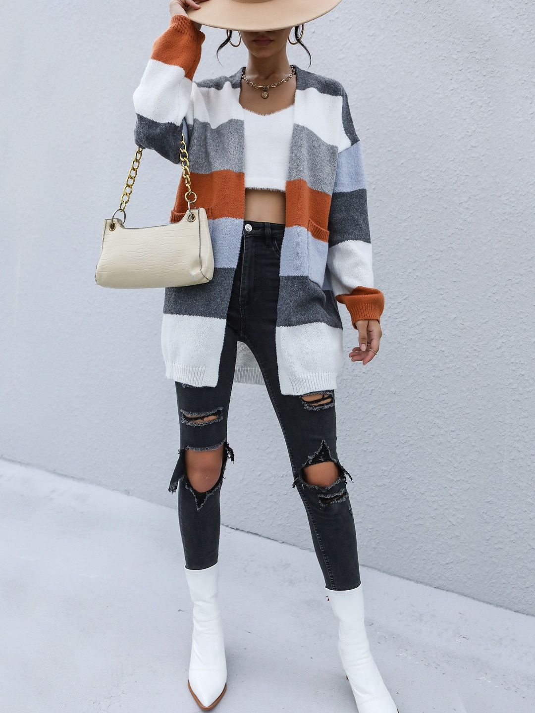 Women's White Colourblocked Cardigan Blend Printed