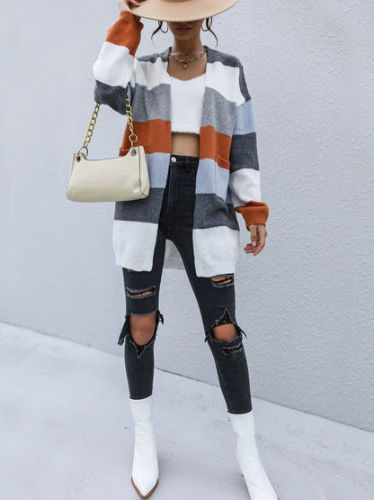 Women's White Colourblocked Cardigan Blend Printed