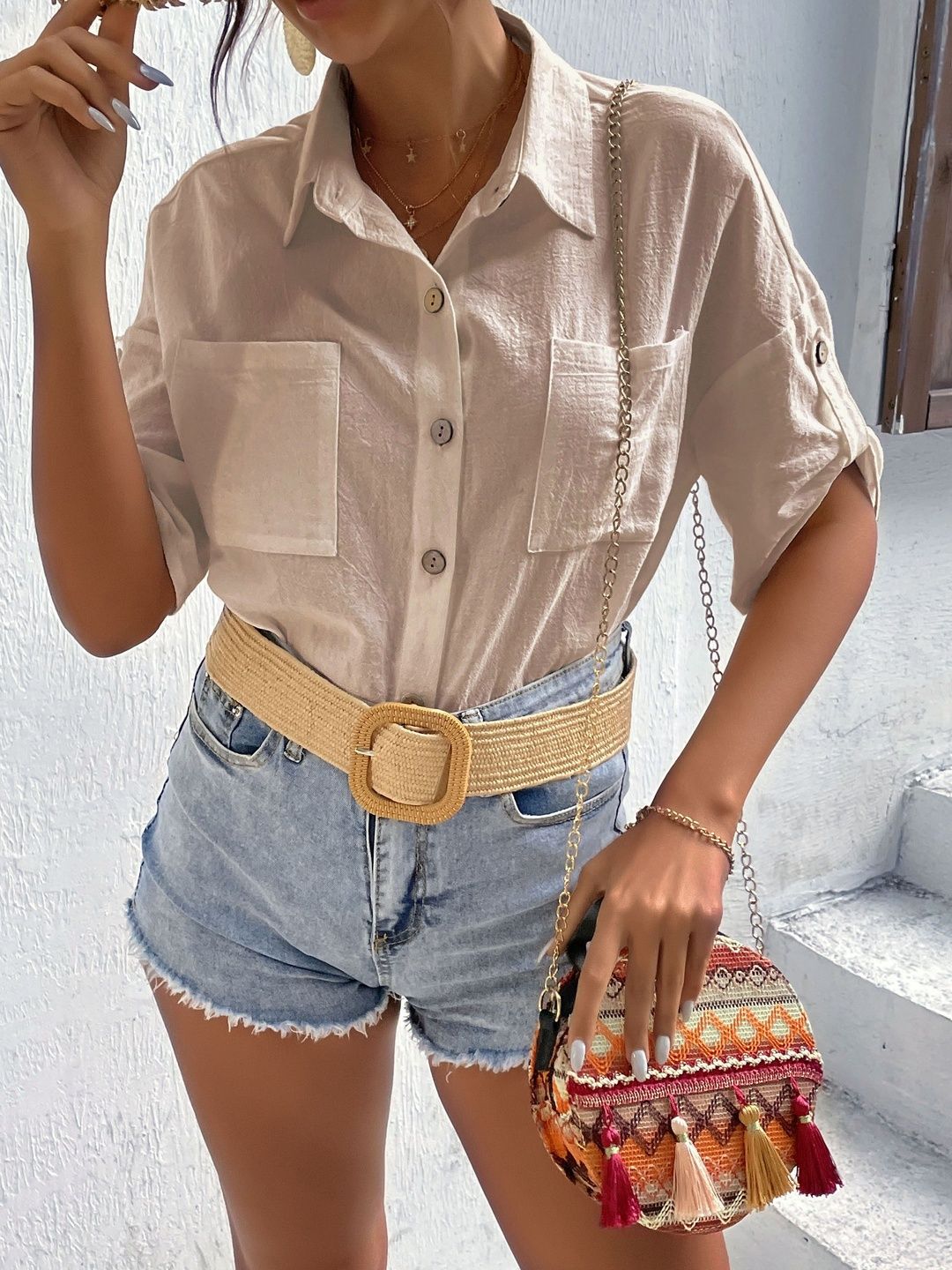 Casual Shirt in Beige Cotton Short Sleeve - Nowi Korean Fashion