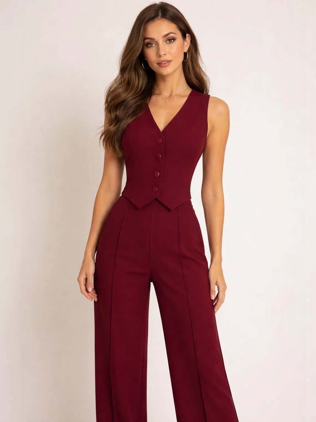 Maroon Solid Vest Top with Trousers