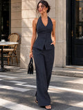 Navy Blue Striped Halter Neck Co-Ord Set