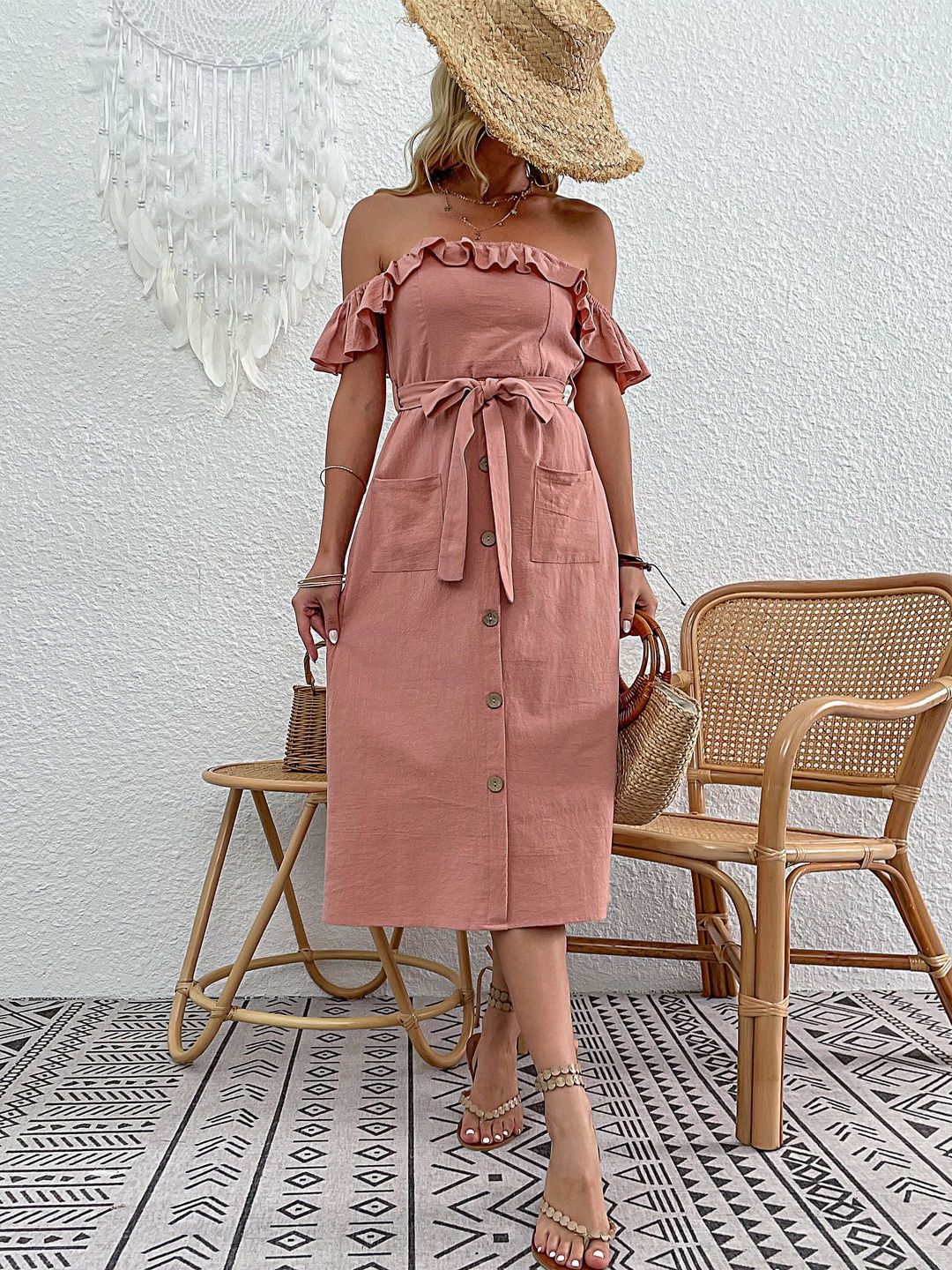 Off-Shoulder Flutter Sleeve Ruffled A-Line Midi Dress