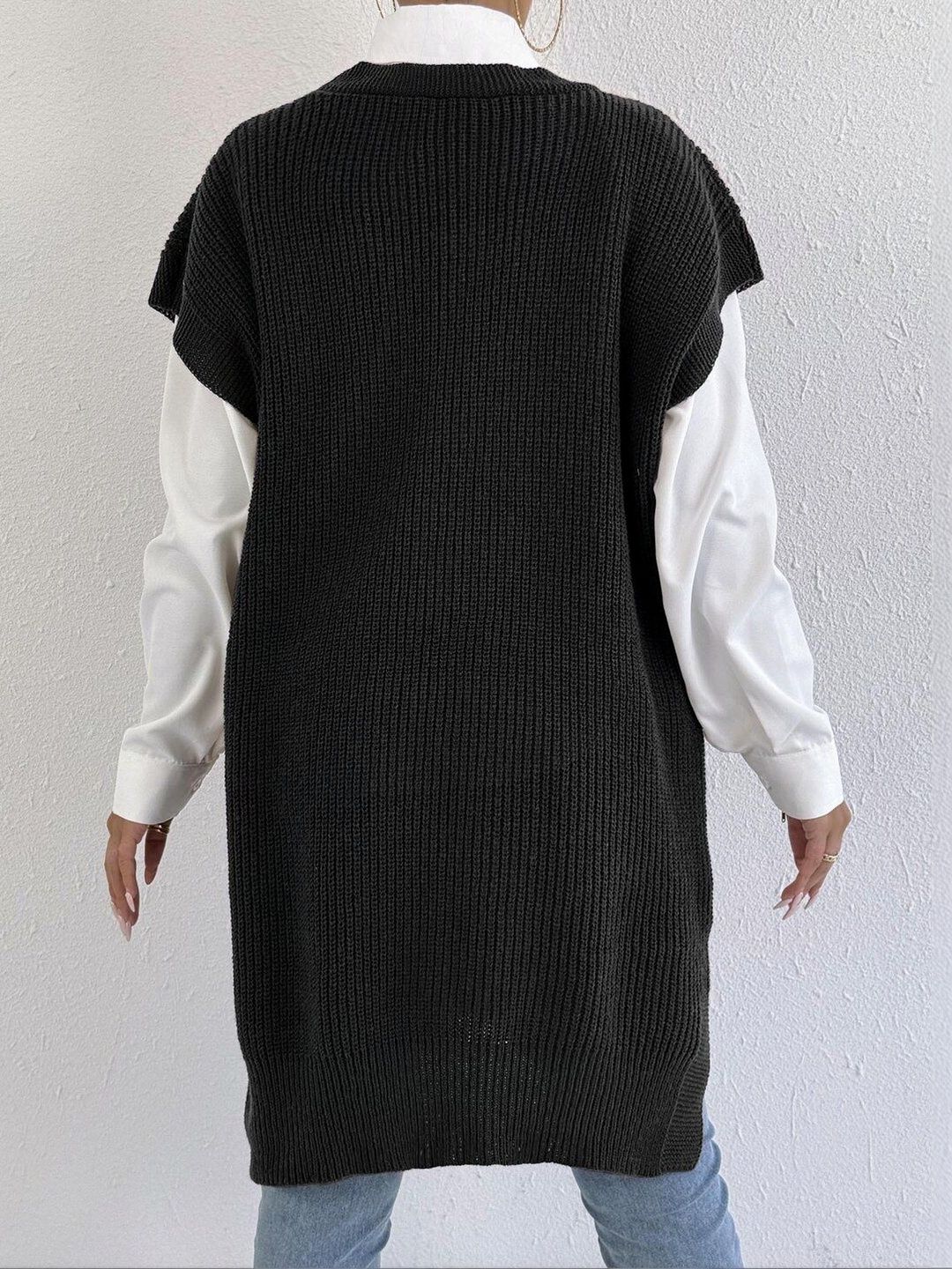 Women Ribbed Sweater Vest with Embellished Detail