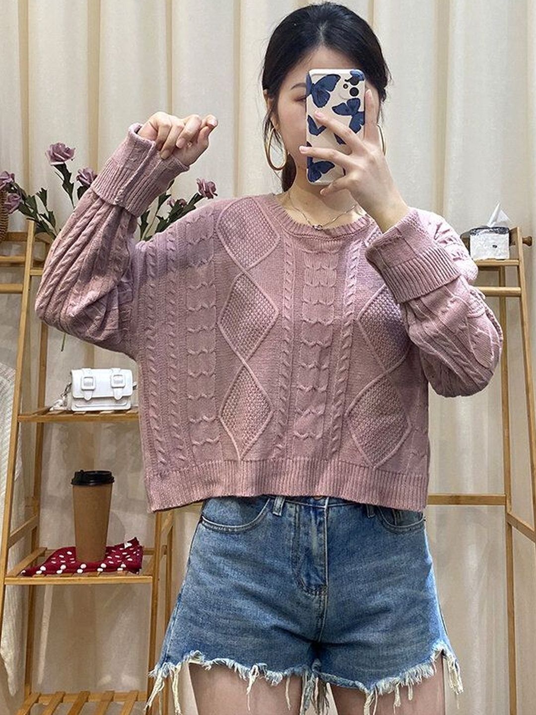Cable Knit Crop Pullover in Pink - Nowi Korean Fashion