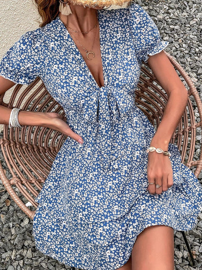 Floral Print Puff Sleeve Fit & Flare Mini Dress