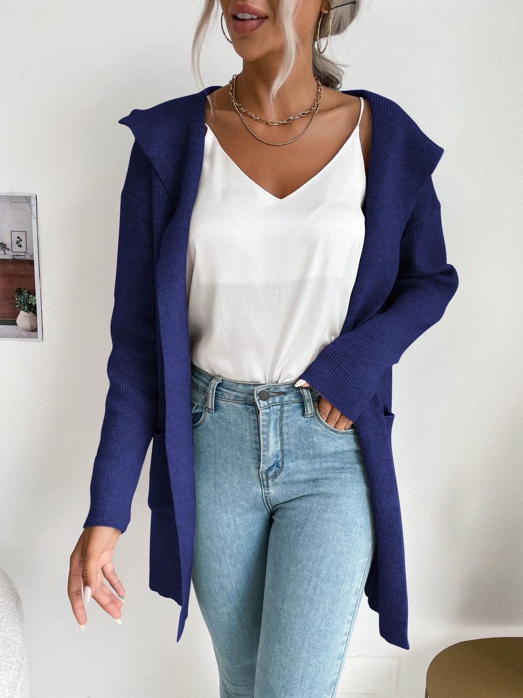 Women's Blue Nowi Women Ribbed Cardigan