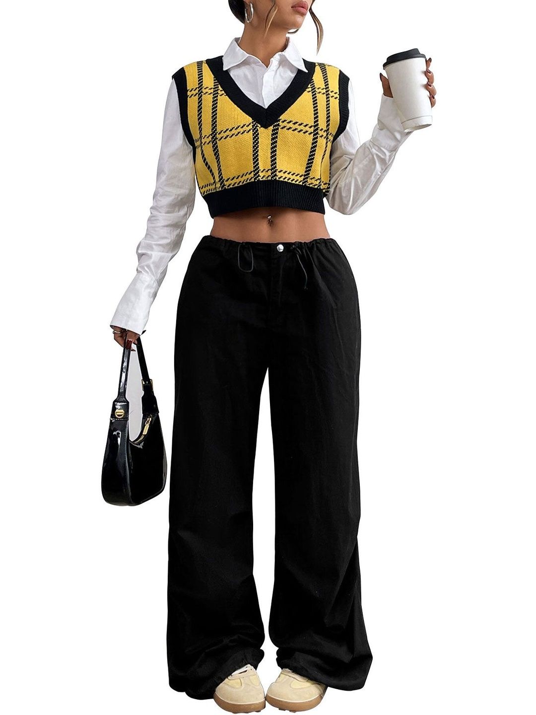 Checked Crop Sweater Vest in Yellow - Nowi Korean Fashion