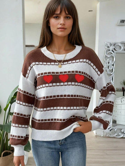 Striped Pullover with Embroidered Detail in Brown acrylic - Nowi Korean Fashion
