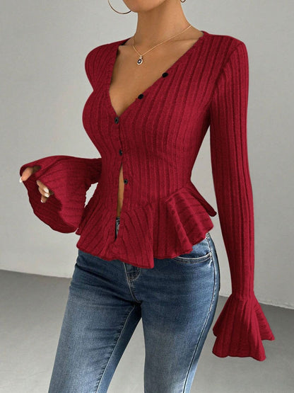 Women's Red Bell Sleeve Ruffles Cotton Peplum Top