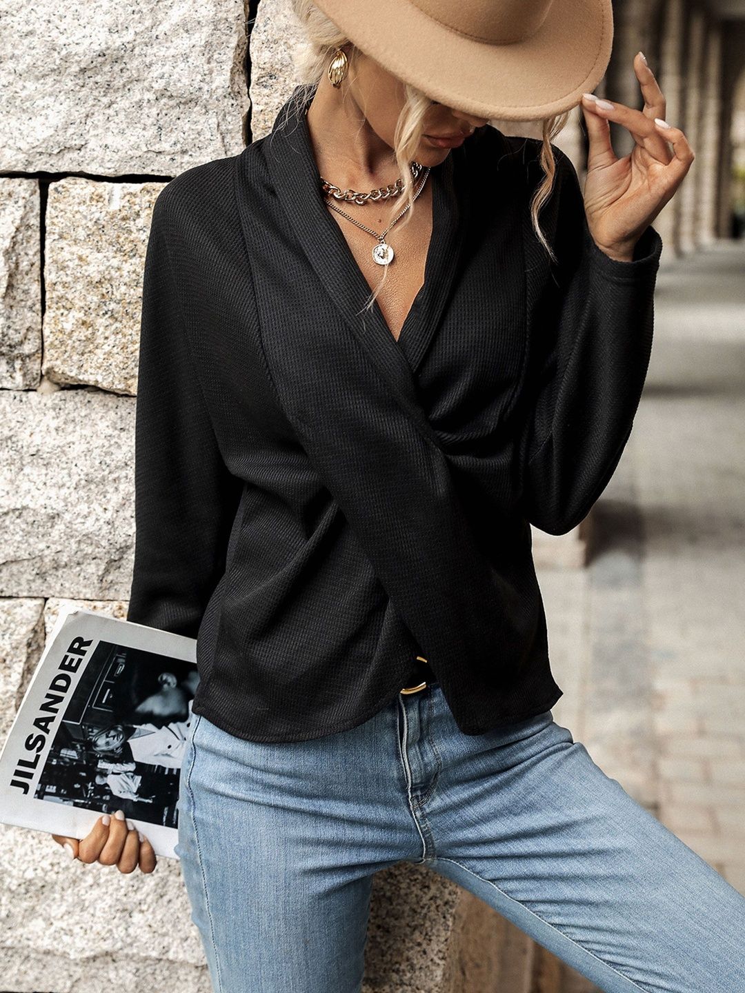 Women's Black Twisted Wrap Top