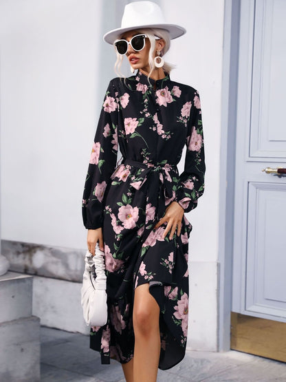 Floral Print Bishop Sleeve Maxi Midi Dress in Black - Nowi Korean Fashion