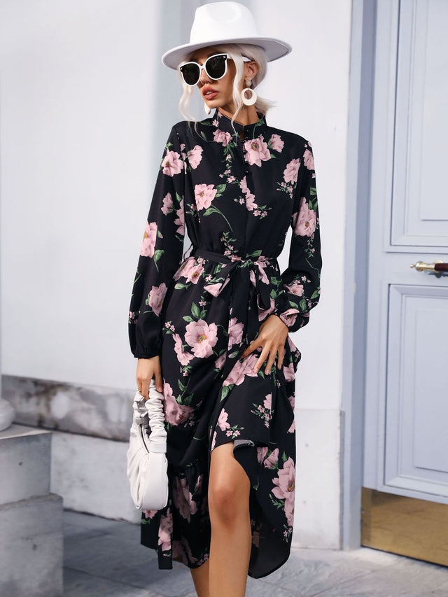 Floral Print Bishop Sleeve Maxi Midi Dress in Black - Nowi Korean Fashion