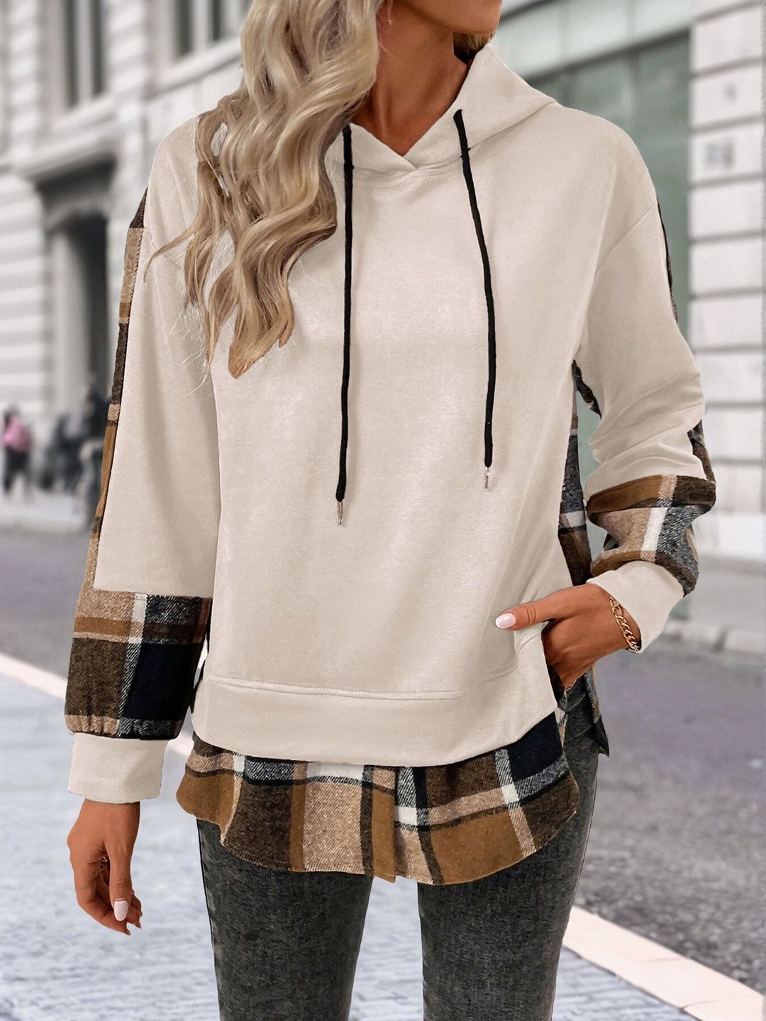 Colourblocked Hooded Sweatshirt in Beige Cotton Long Sleeve - Nowi Korean Fashion
