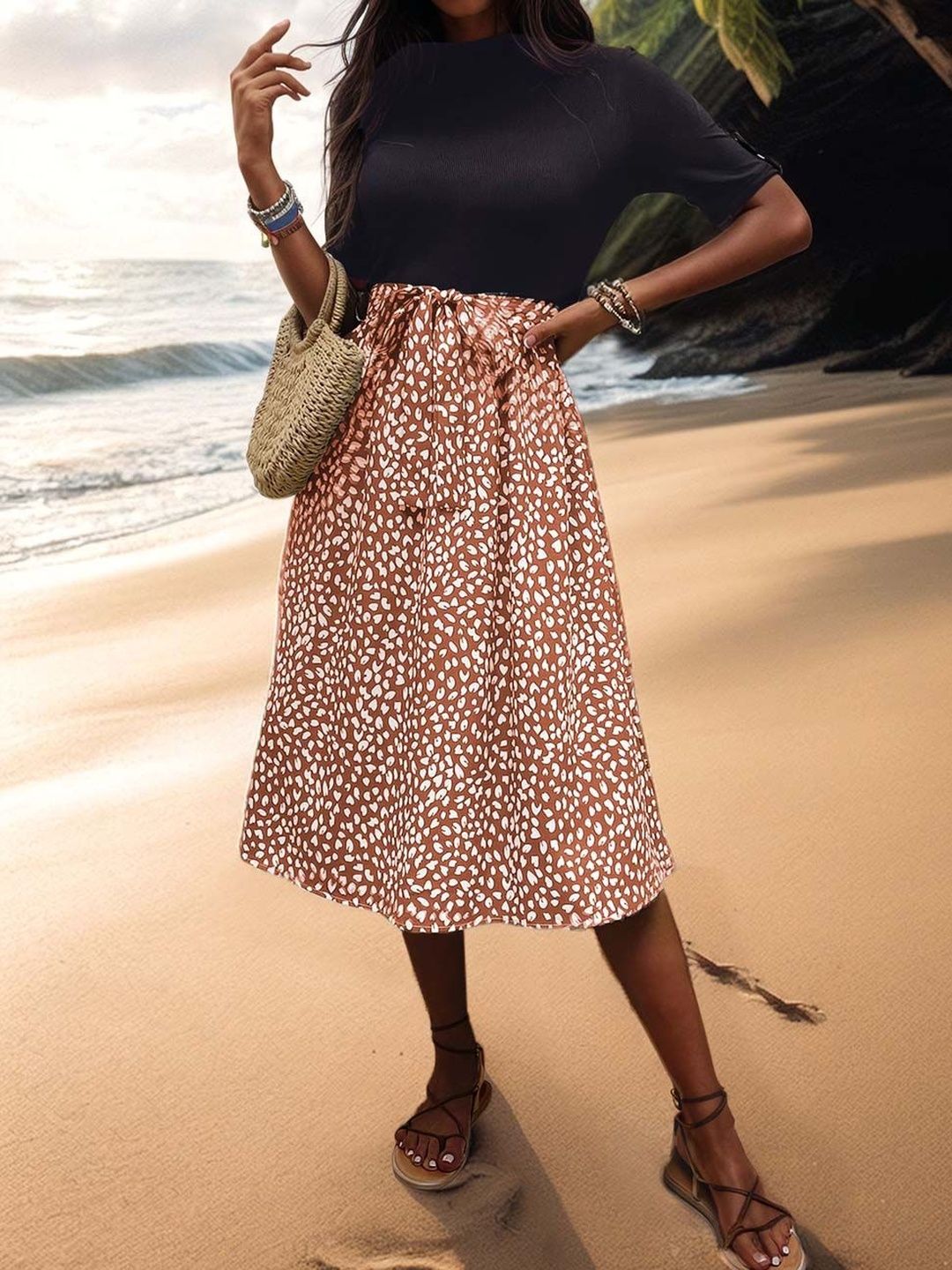 Women's Orange Nowi Print Fit & Flare Midi Dress