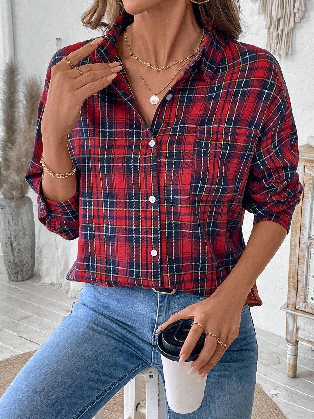 Women Tartan Checks Checked Casual Shirt