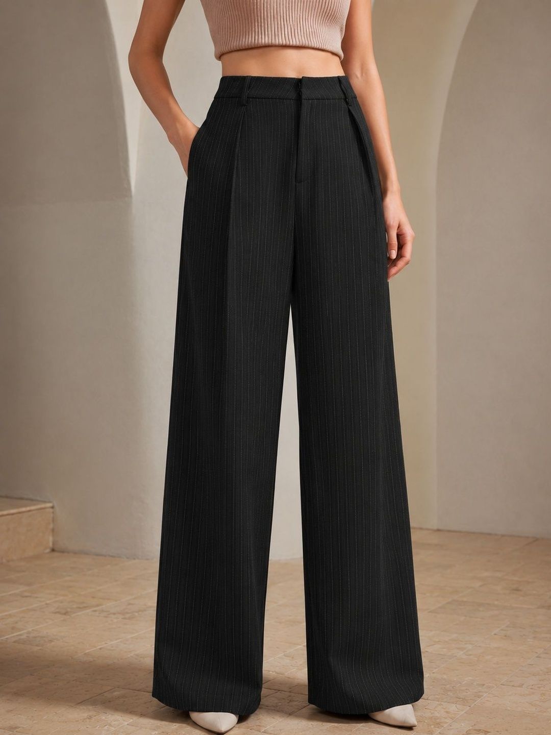 Women Striped Relaxed High-Rise Pleated Trousers