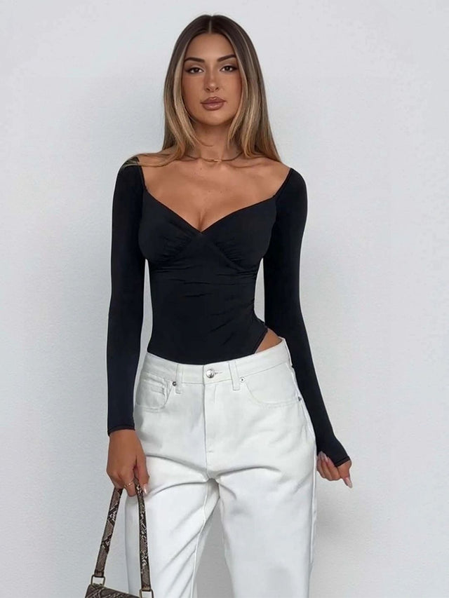 V-Neck Bodysuit in Black - Nowi Korean Fashion