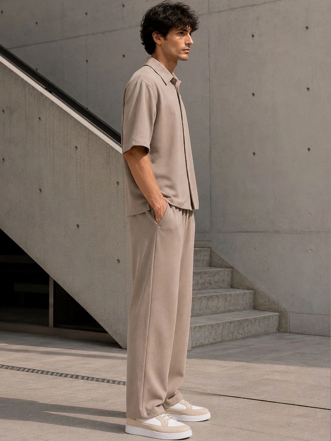 Men Brown Solid Shirt with Trousers Co-Ords