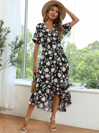 Floral Print Ruffled Midi Dress in Black polyester - Nowi Korean Fashion