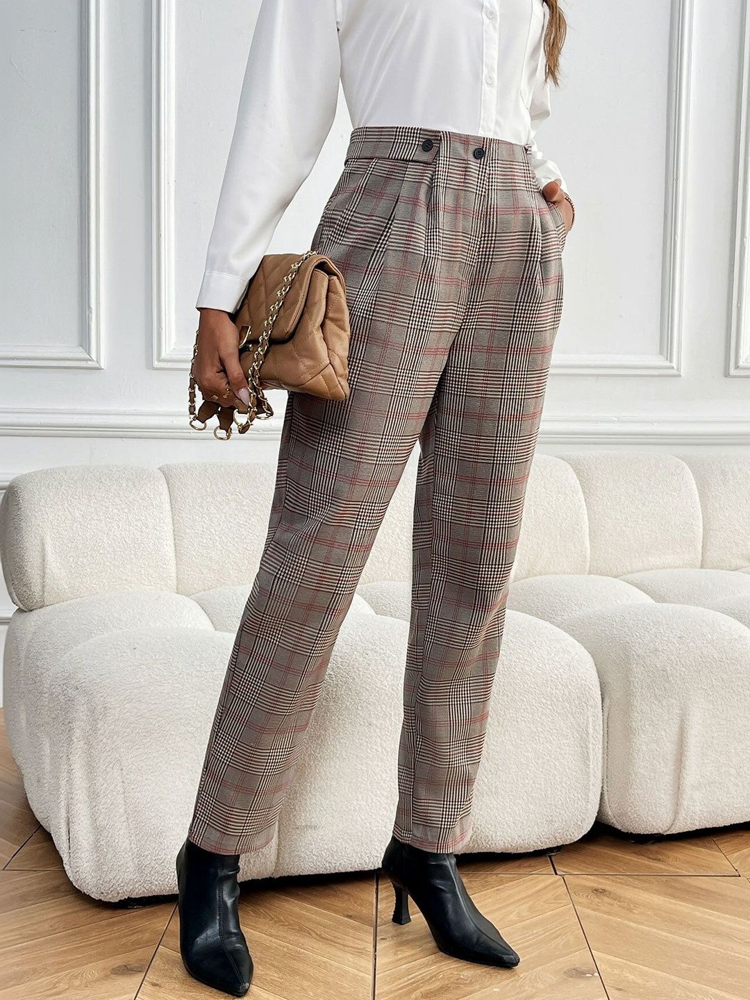 Women Checked High-Rise Pleated Trousers