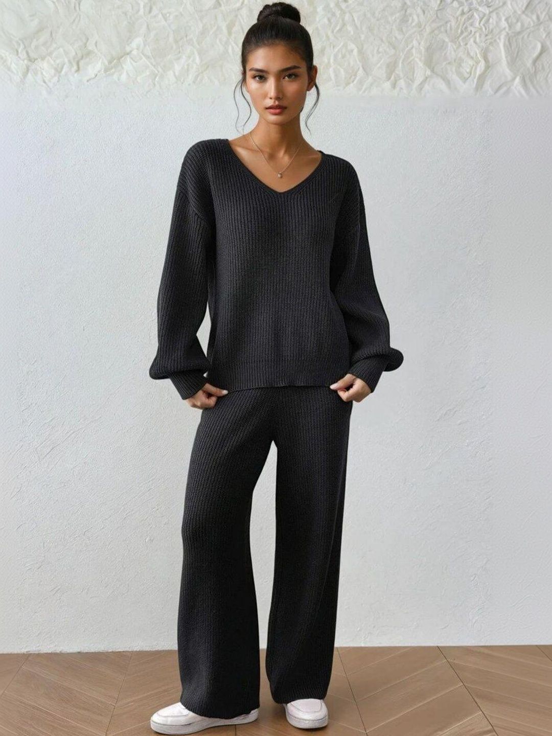 Black Knitted Sweater and Trousers Set - Nowi Korean Fashion