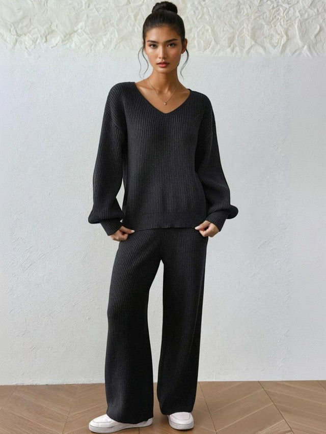 Black Knitted Sweater and Trousers Set - Nowi Korean Fashion