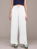 Textured Straight Fit High-Rise Trousers in White polyester - Nowi Korean Fashion