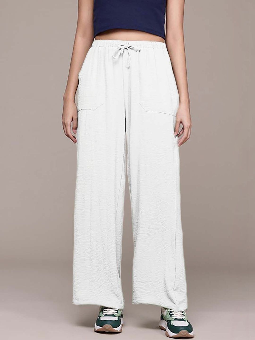 Textured Straight Fit High-Rise Trousers in White polyester - Nowi Korean Fashion