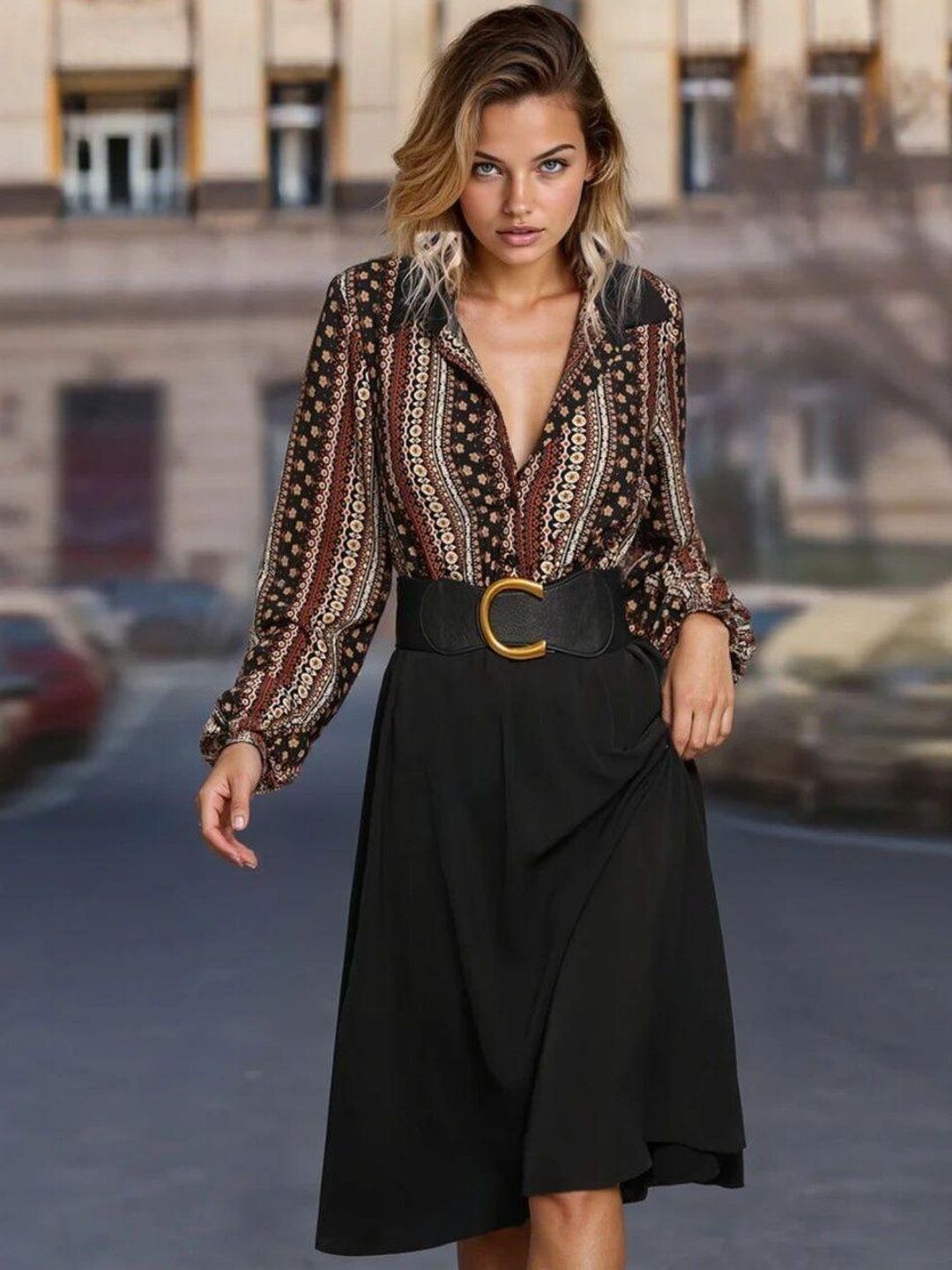 Bohemian Ethnic Print Midi Dress with Long Sleeves in Black cotton Printed - Nowi Korean Fashion