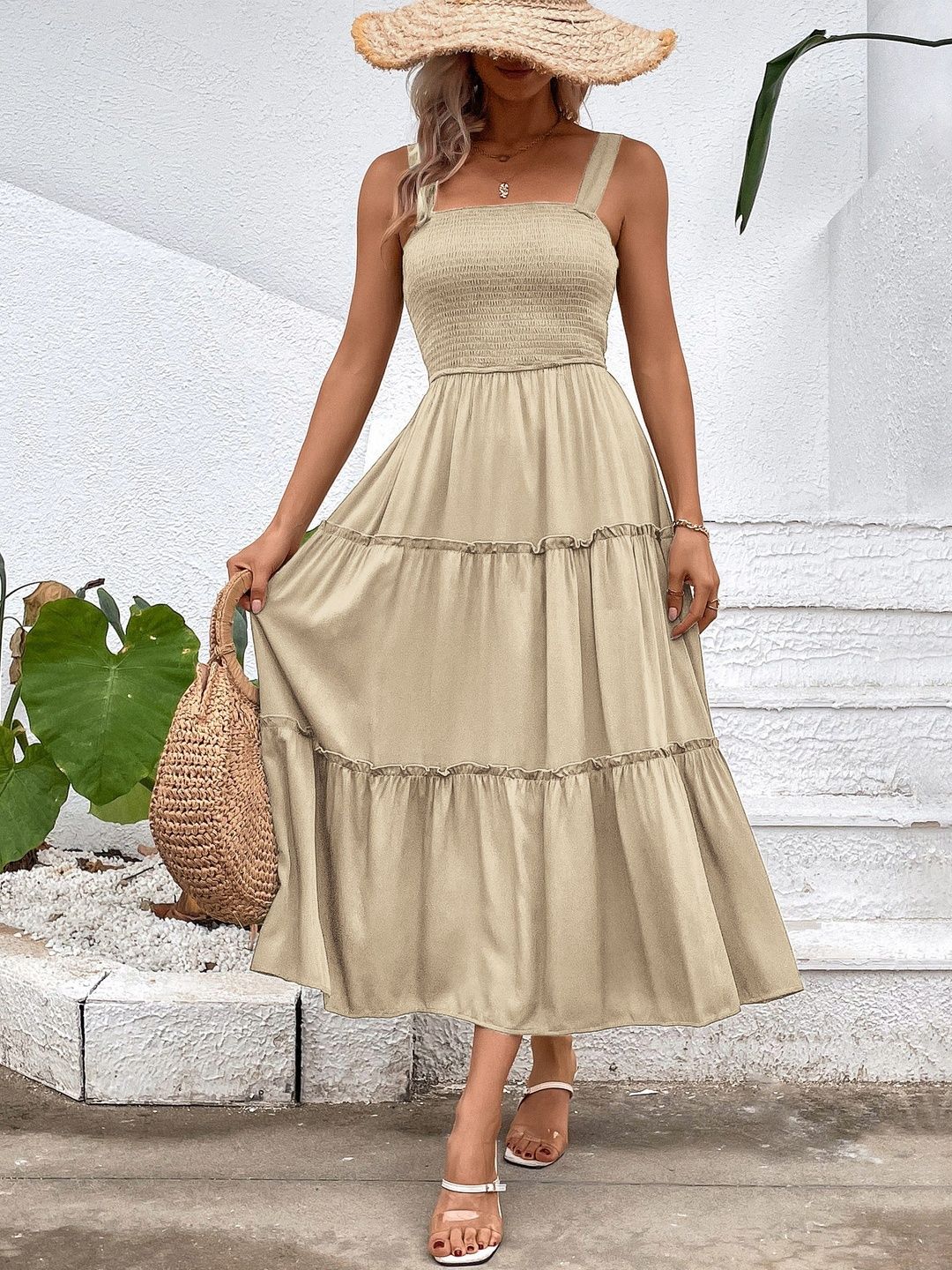 A-Line Midi Dress in Beige cotton - Nowi Korean Fashion
