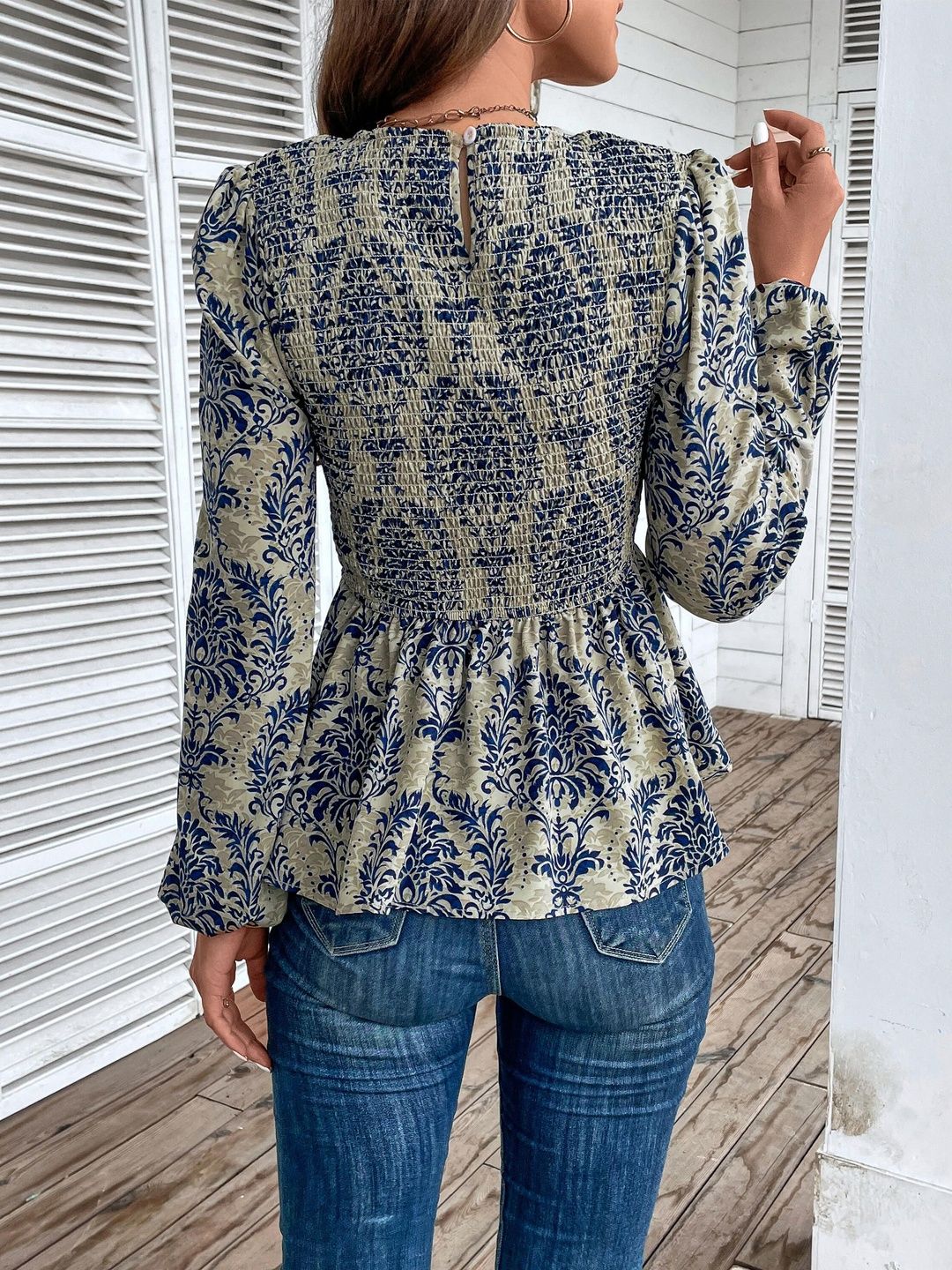 Women's Blue Floral Print Cotton Top