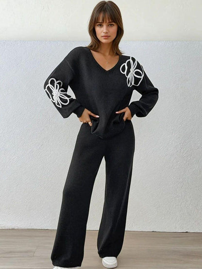 Knitted Embroidered Sweater with Trousers in Black - Nowi Korean Fashion