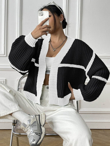Women Colourblocked Crop Cardigan