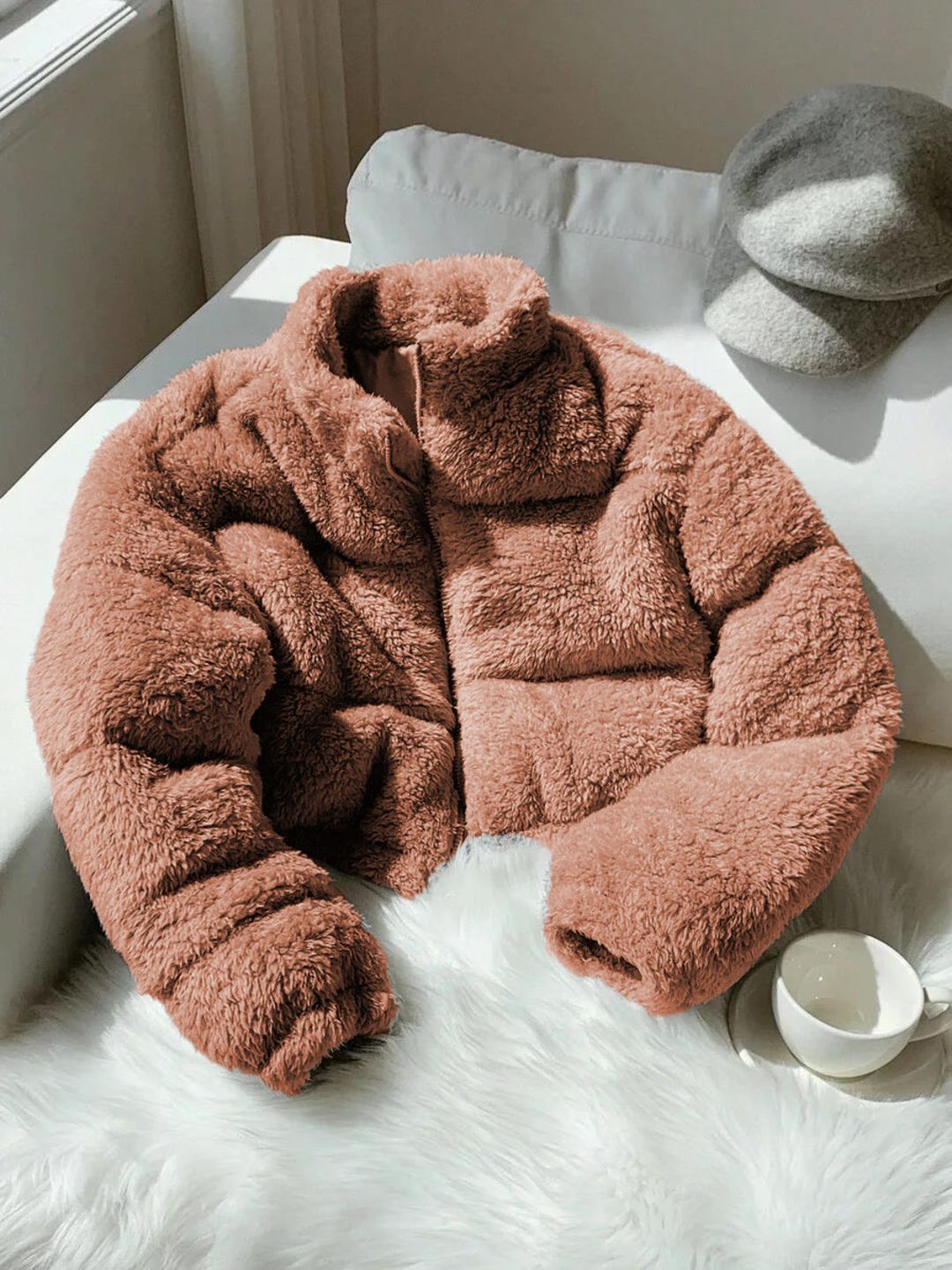 Woollen Crop Puffer Jacket in Brown; multicolor faux-fur; plush - Nowi Korean Fashion