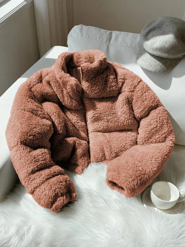 Woollen Crop Puffer Jacket in Brown; multicolor faux-fur; plush - Nowi Korean Fashion