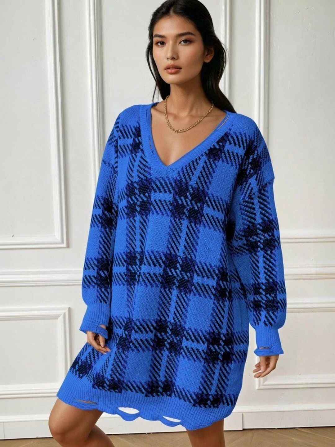 Checked Pullover with Fuzzy Detail in Blue acrylic - Nowi Korean Fashion