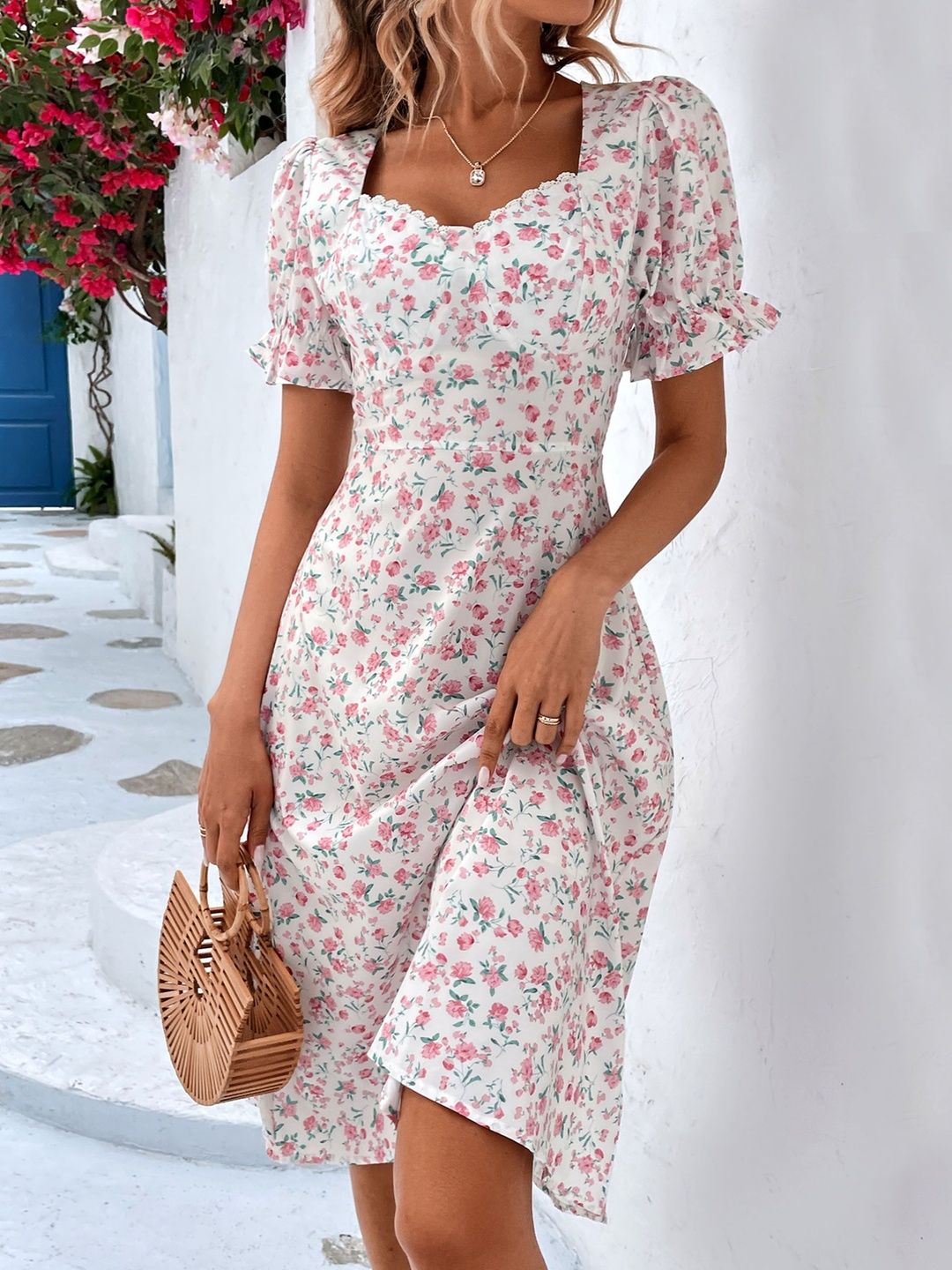 Floral Print Puff Sleeve Ruffled Fit & Flare Midi Dress