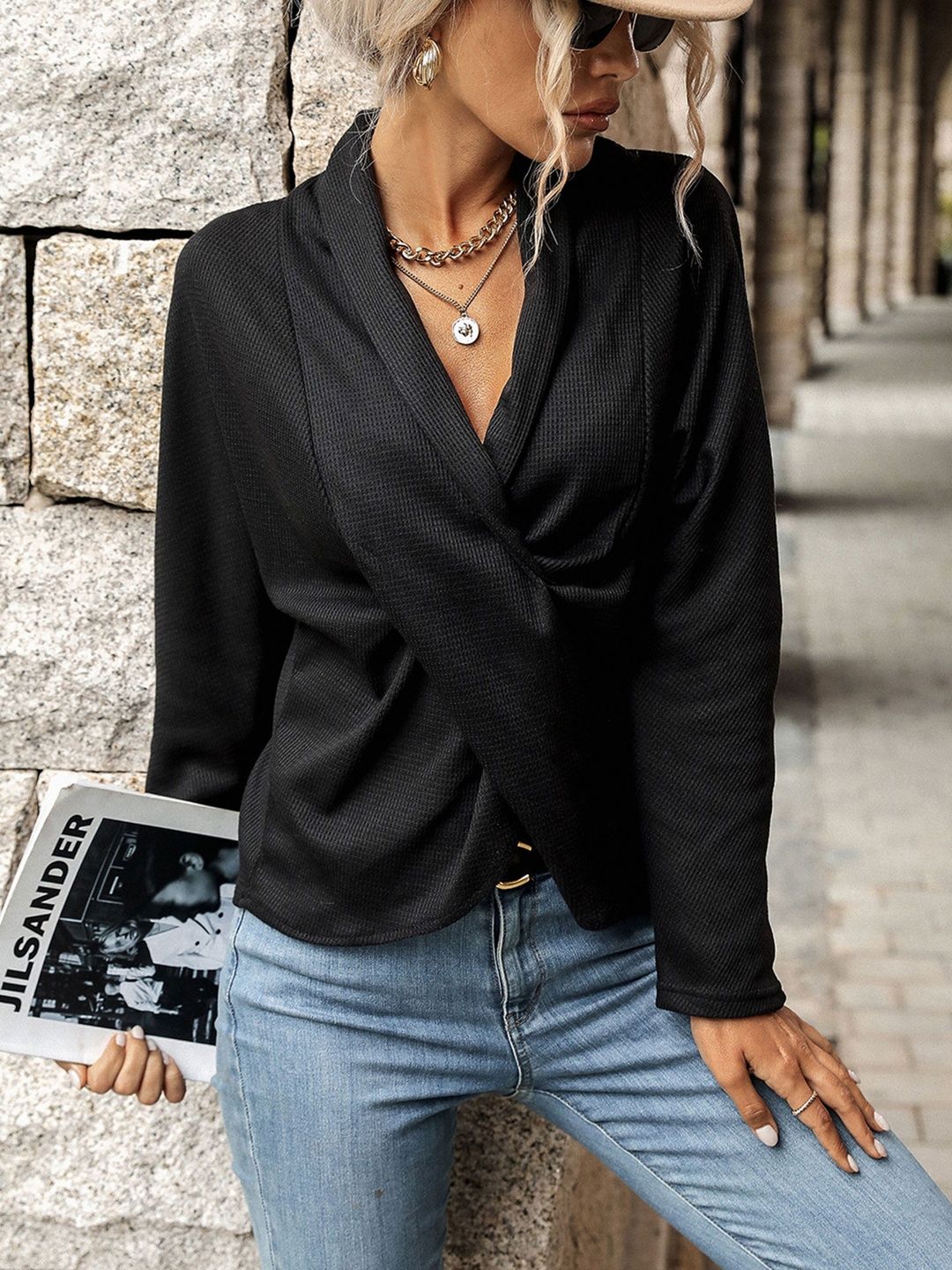 Women's Black Twisted Wrap Top