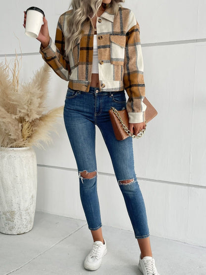 Women Checked Crop Tailored Jacket