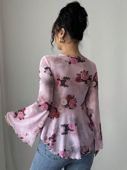 Floral Print Flared Sleeve Top