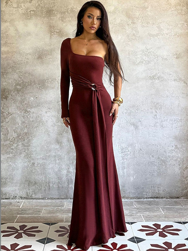 Sheath Maxi Dress in Maroon polyester - Nowi Korean Fashion