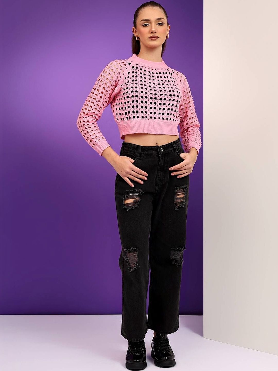 NOWI Women Woollen Crop Pullover