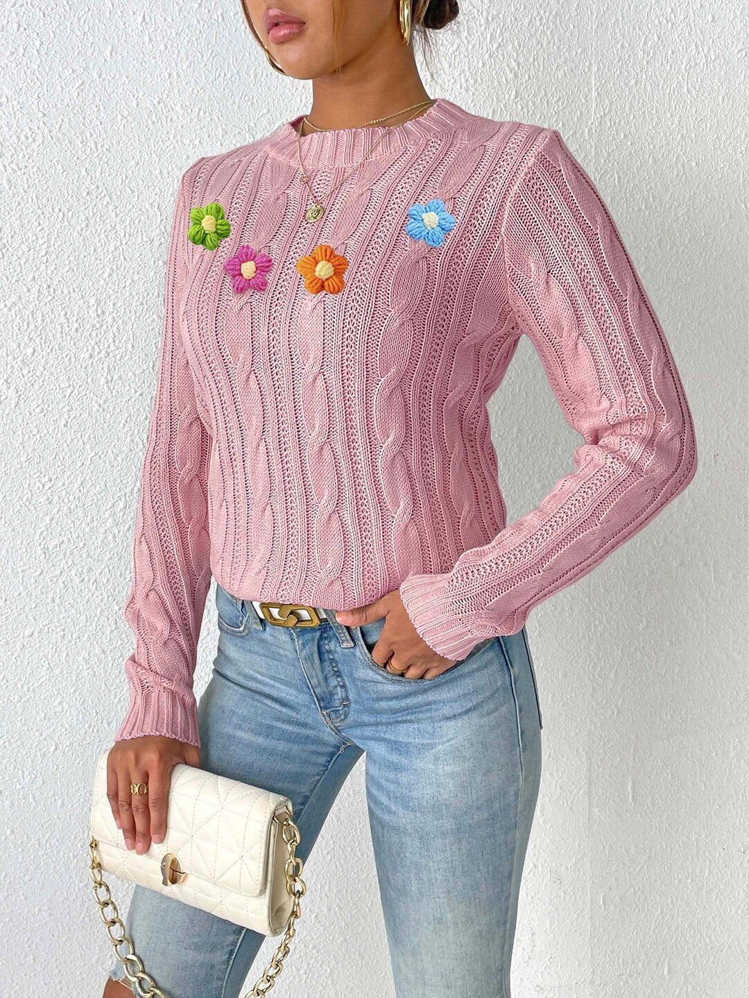 Women Cable Knit Pullover with Applique Detail