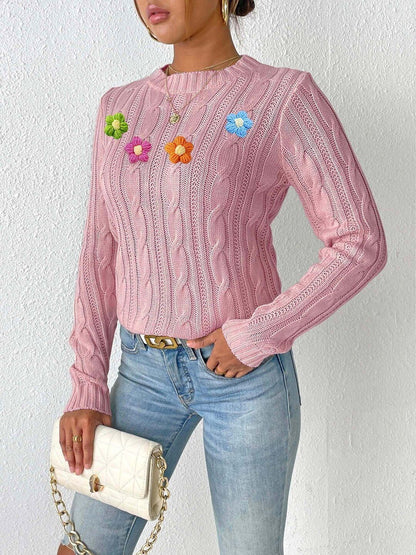 Women Cable Knit Pullover with Applique Detail