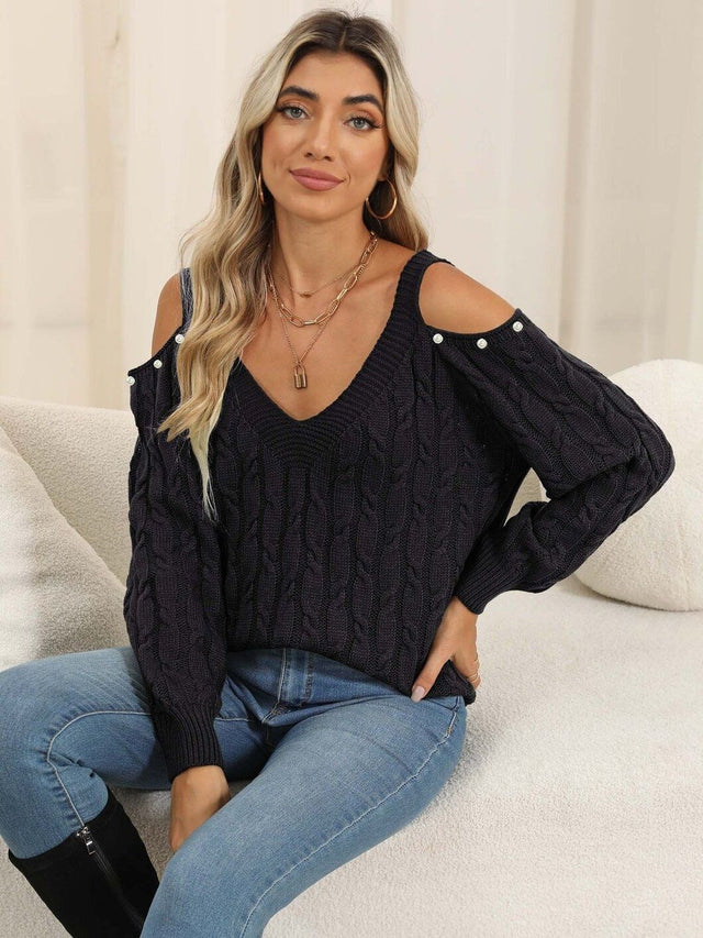 Cable Knit Ribbed Pullover in Black acrylic Long Sleeve - Nowi Korean Fashion