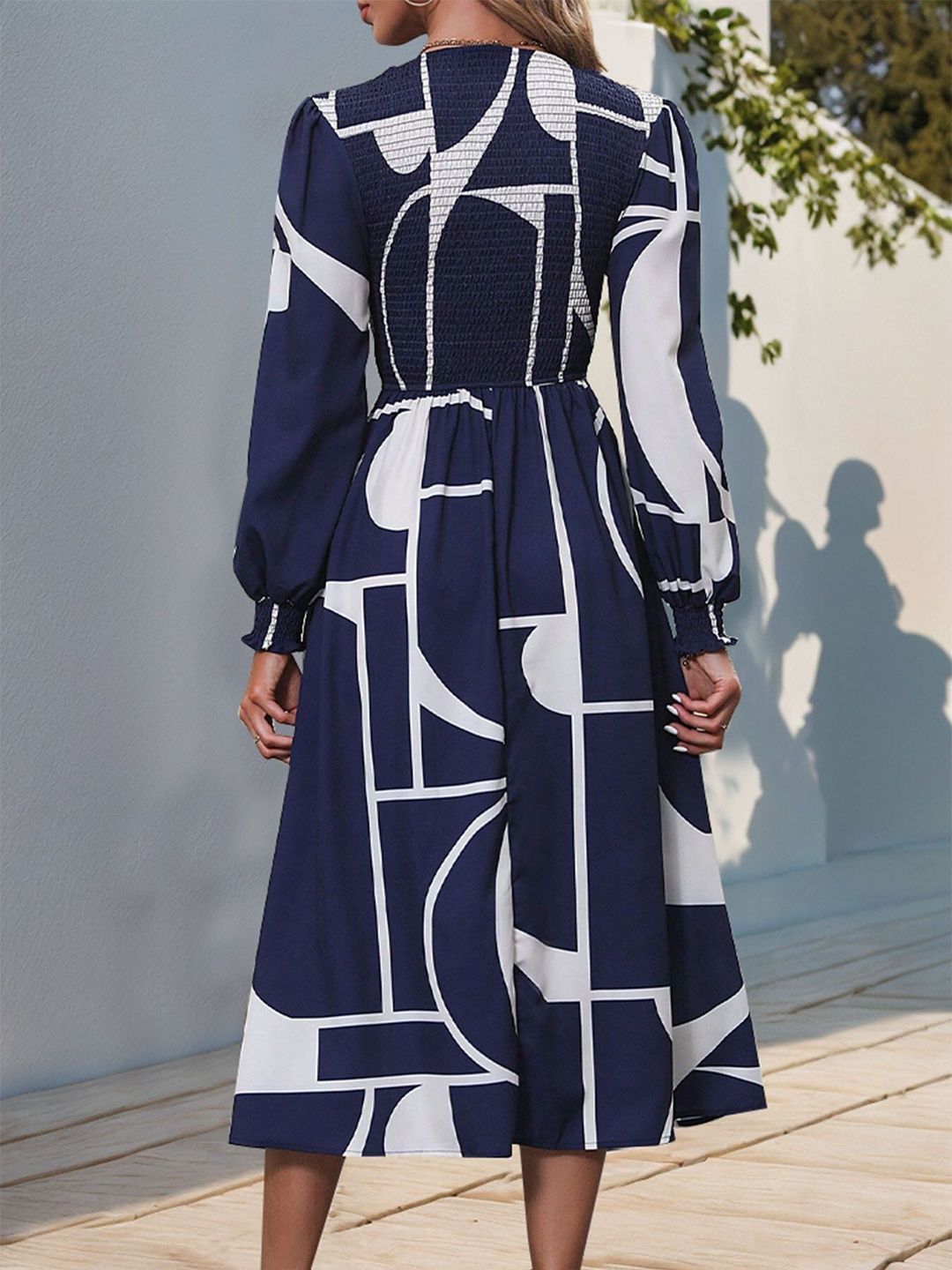 Women's Blue Nowi Print Puff Sleeve Fit & Flare Midi Dress