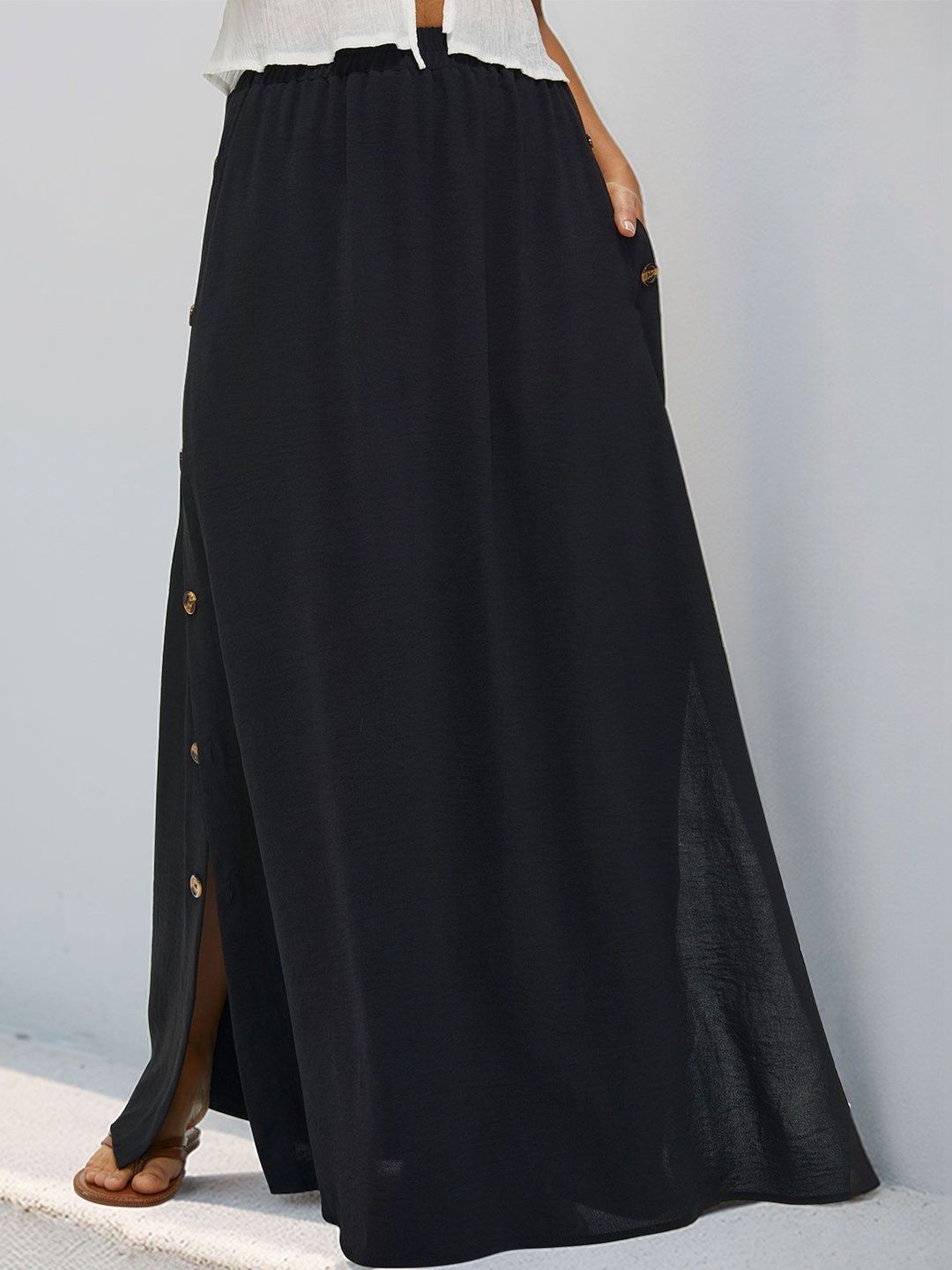 NOWII Flared Mid Rise Maxi Skirts in Black linen - Nowi Korean Fashion