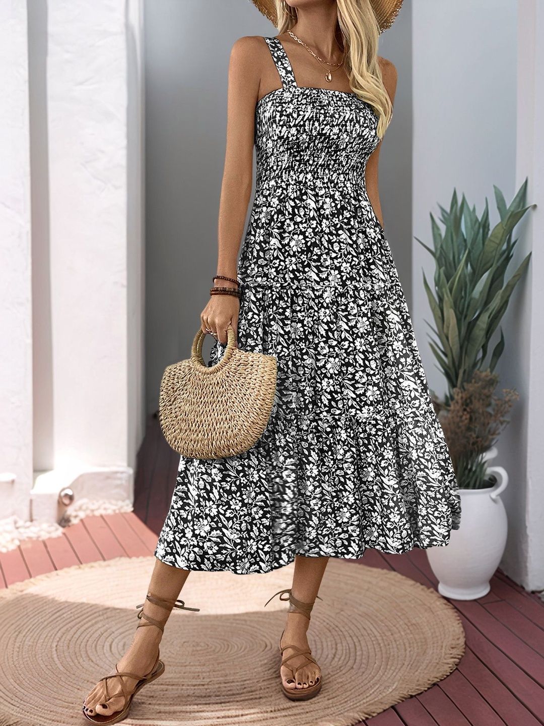 Floral Print A-Line Midi Dress
